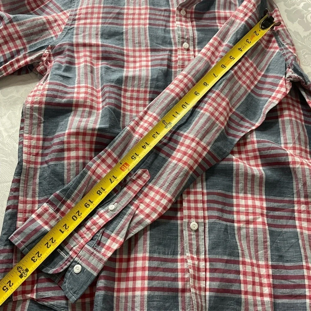 J. Crew linen Red and Blue Plaid Casual Button Down Shirt men size XL